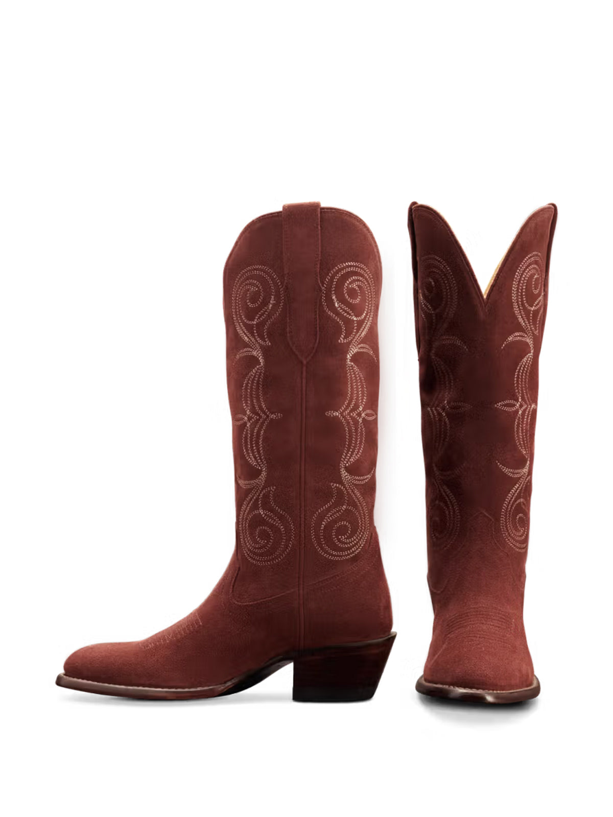Brick Faux Suede Round-Toe Knee High Wide Calf Embroidery Cowgirl Boots