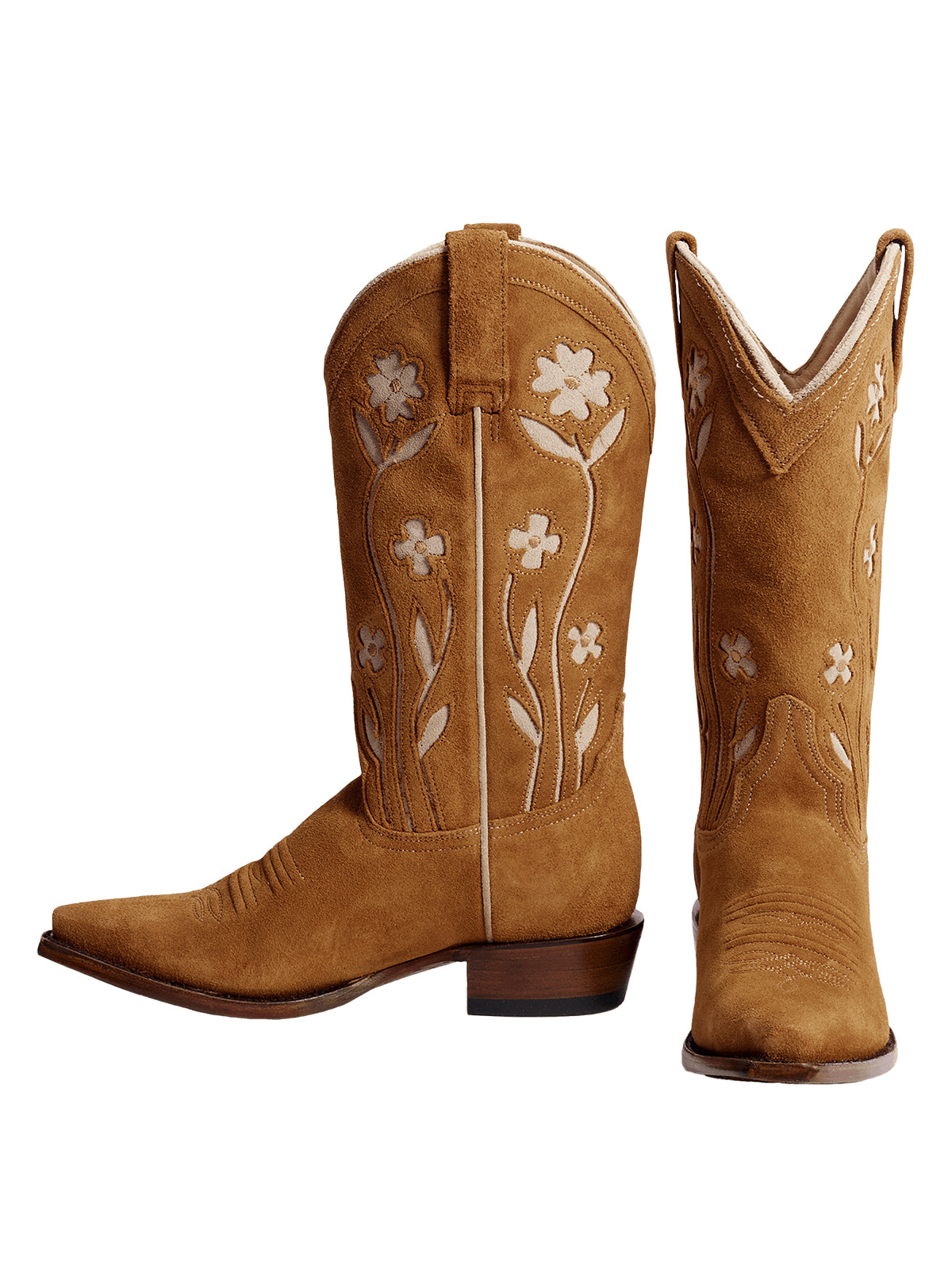 Tan Faux Suede Snip-Toe Floral Inlays And Stitch Mid Calf Cowgirl Boots