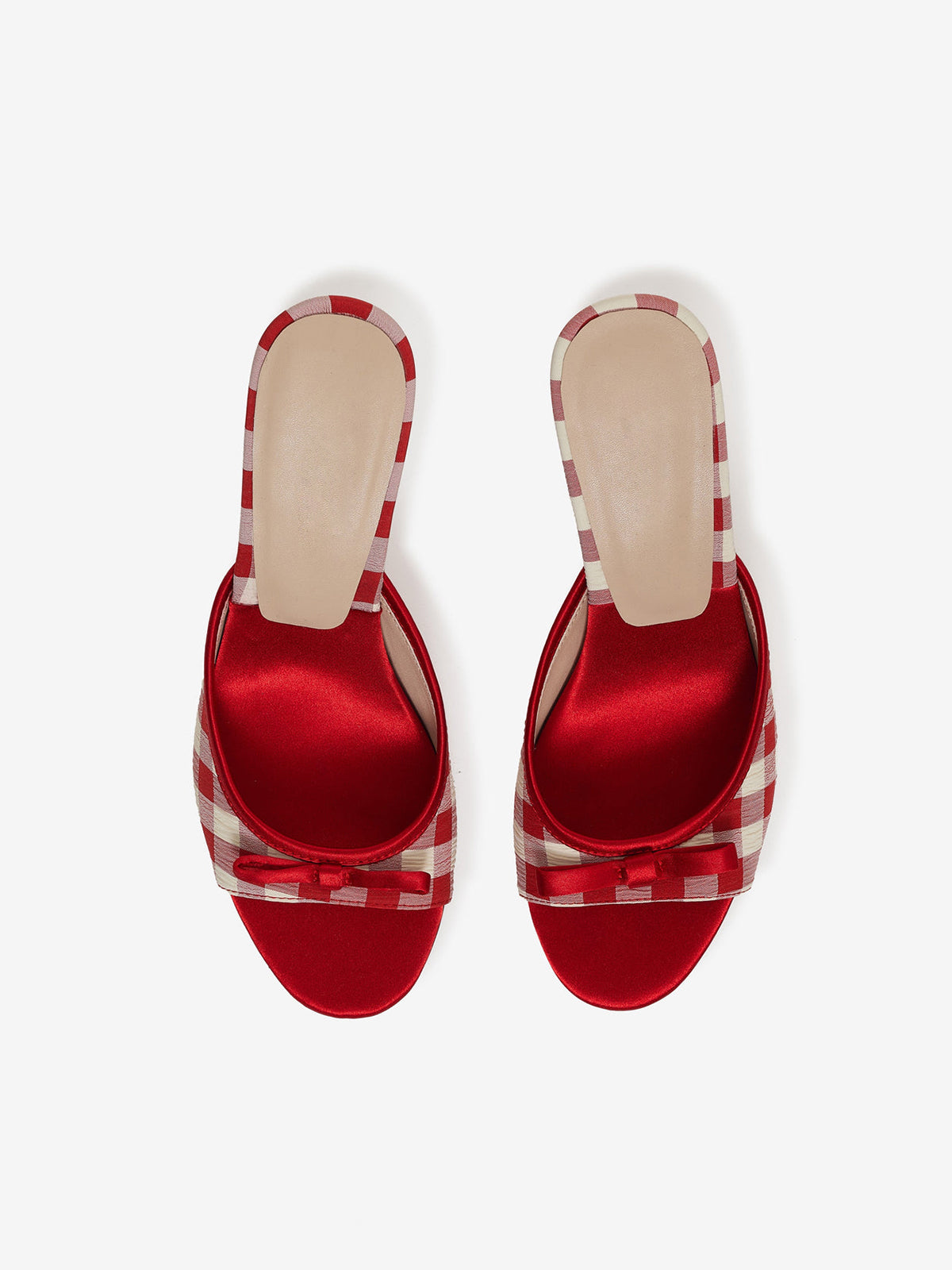 Red Satin And Gingham Round-Toe Bow Kitten Heels