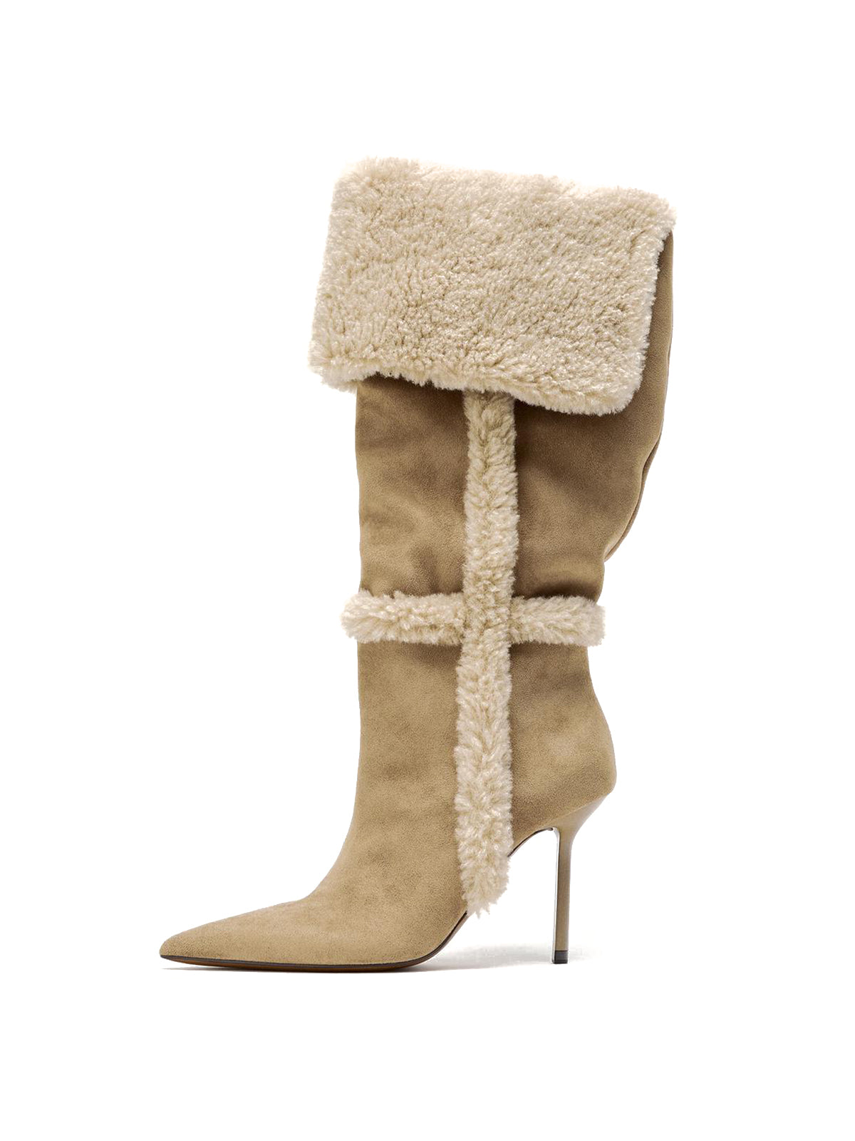 Light Beige Faux Suede Pointed-Toe Plush Wide Calf Knee High Stiletto Boots