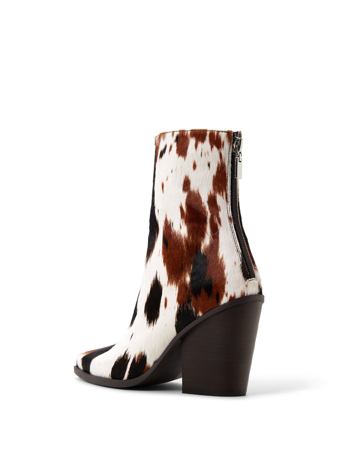 Cow Print Pointed-Toe Back Full-Zip Ankle Cowgirl Boots