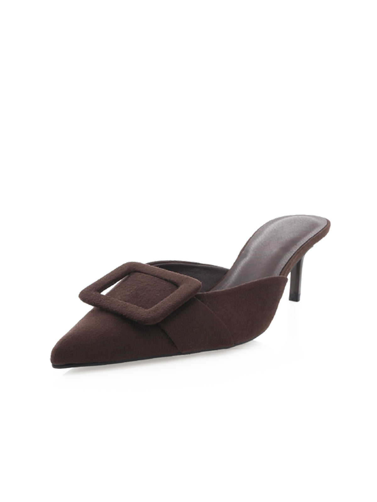 Chocolate Faux Suede Pointed-Toe Simple Slip-On Kitten Heels