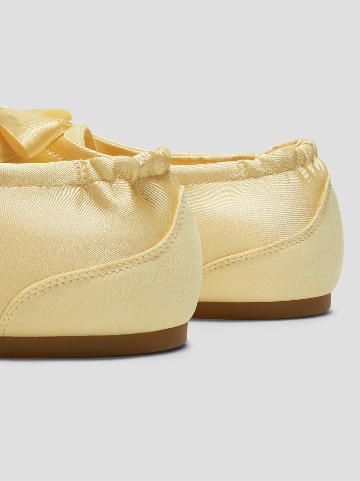 Yellow Satin And Faux Suede Square-Toe Floral Embroidery Lace-Up Flats