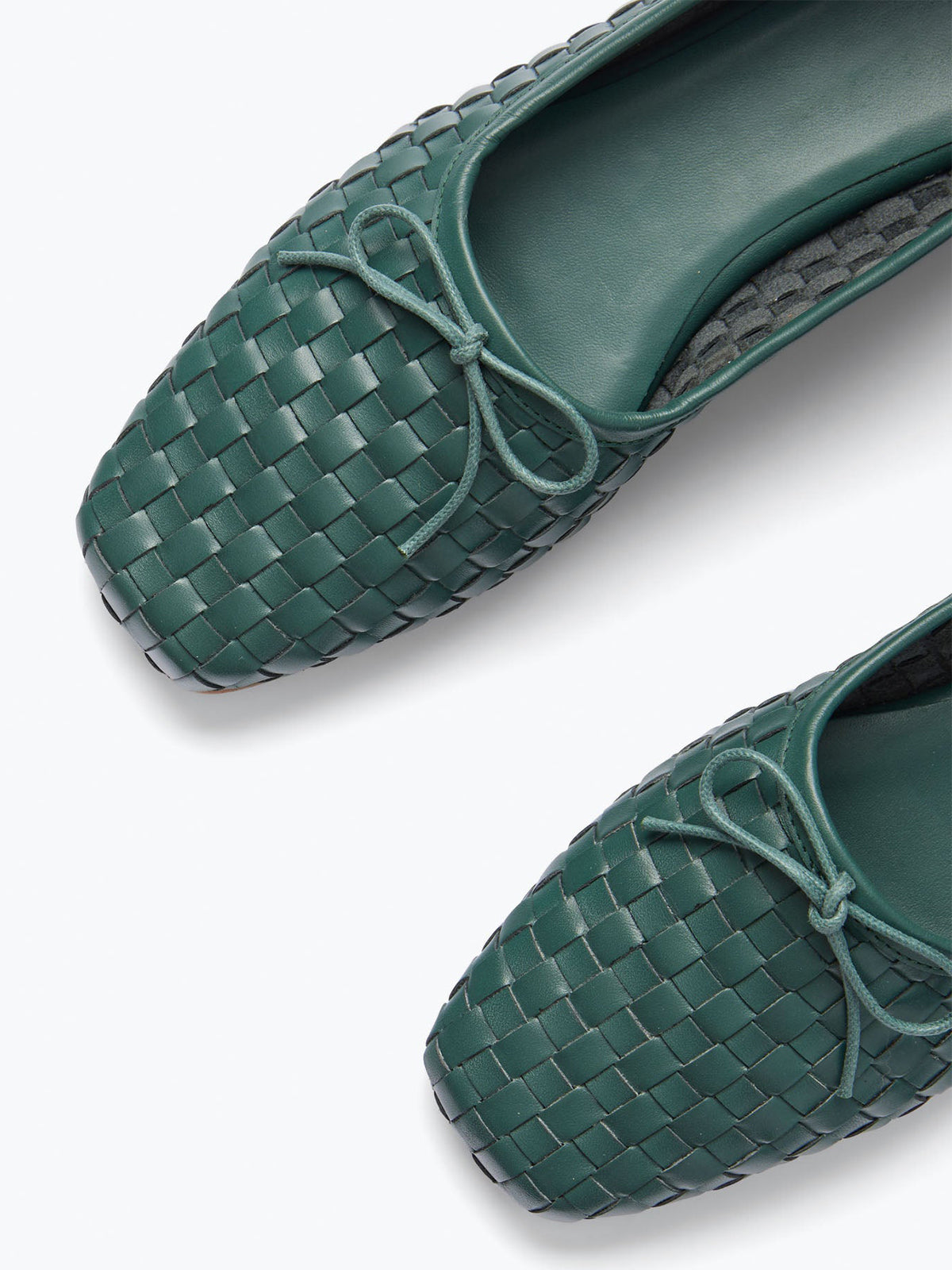 Green Woven Vegan Leather Square-Toe Front Bow Slip-On Ballet Flats