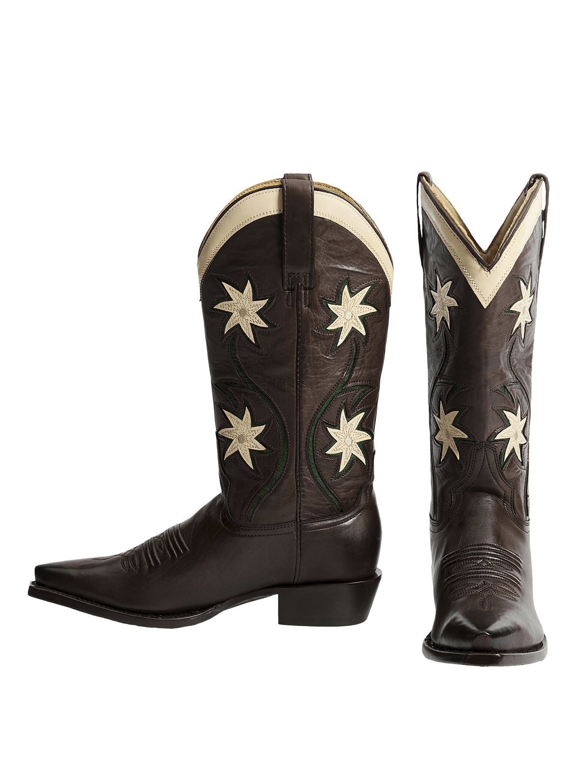 Brown Snip-Toe Floral Inlays And Stitch Mid Calf Cowgirl Boots