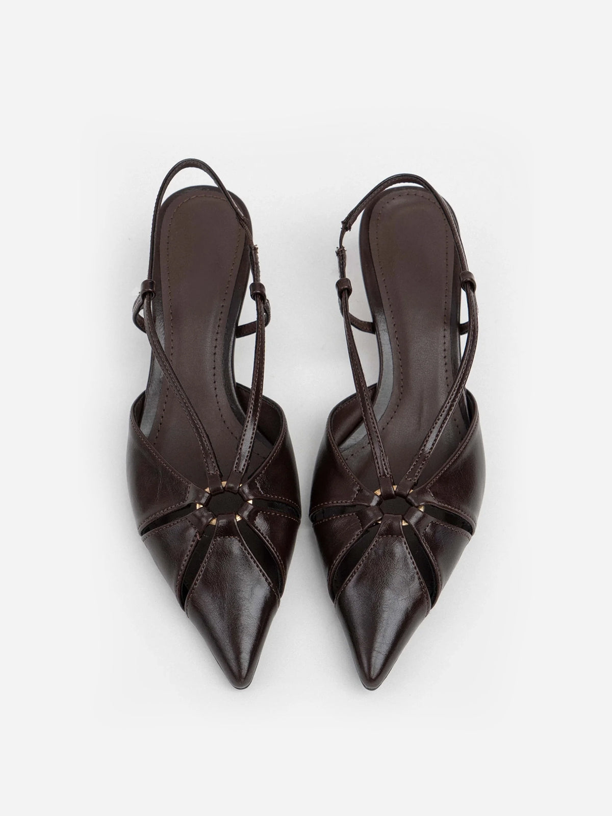 Brown Pointed-Toe Elastic Strap Slingback Kitten Heels