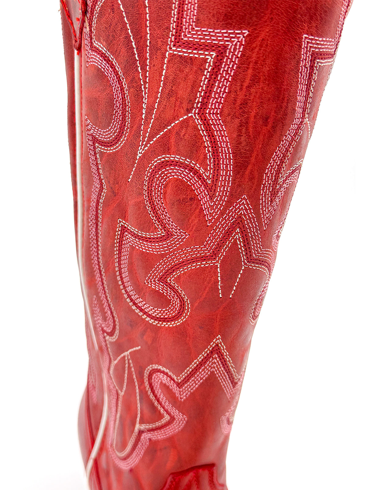 Distressed Red Snip-Toe Classic Embroidery Wide Calf Knee High Cowgirl Boots
