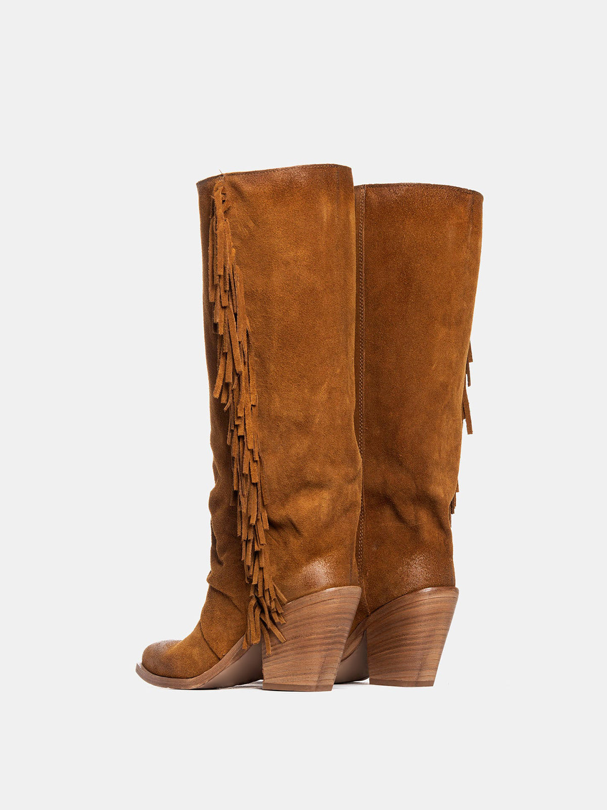 Brown Faux Suede Snip-Toe Side Fringe Wide Calf Knee High Cowgirl Boots