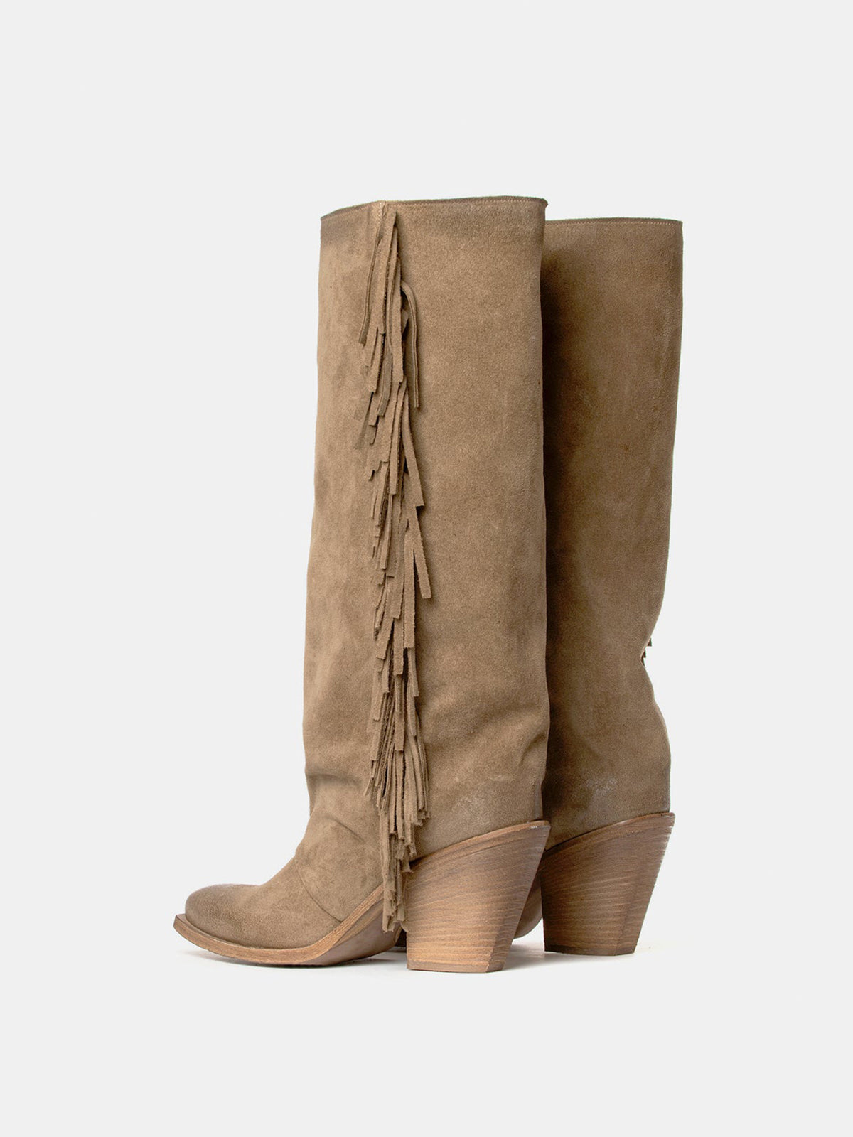 Taupe Faux Suede Snip-Toe Side Fringe Wide Calf Knee High Cowgirl Boots