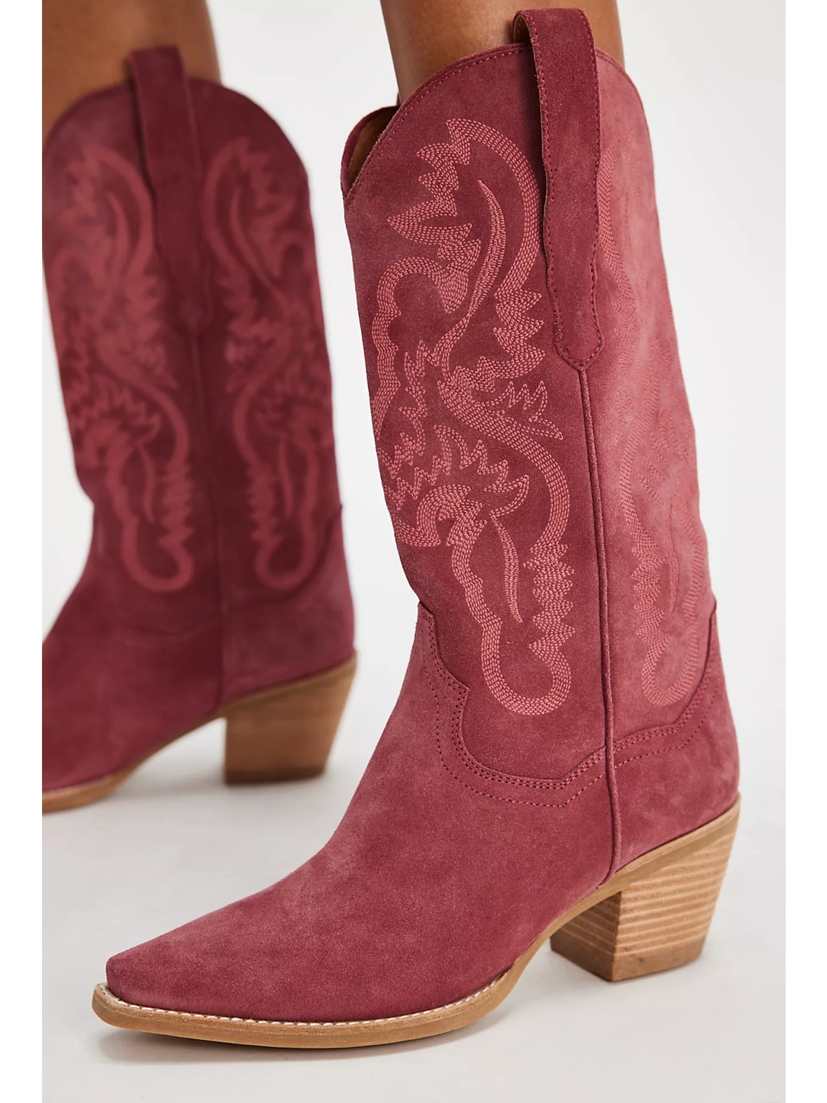 Pink Faux Suede Snip-Toe Embroidery Mid Calf Cowgirl Boots