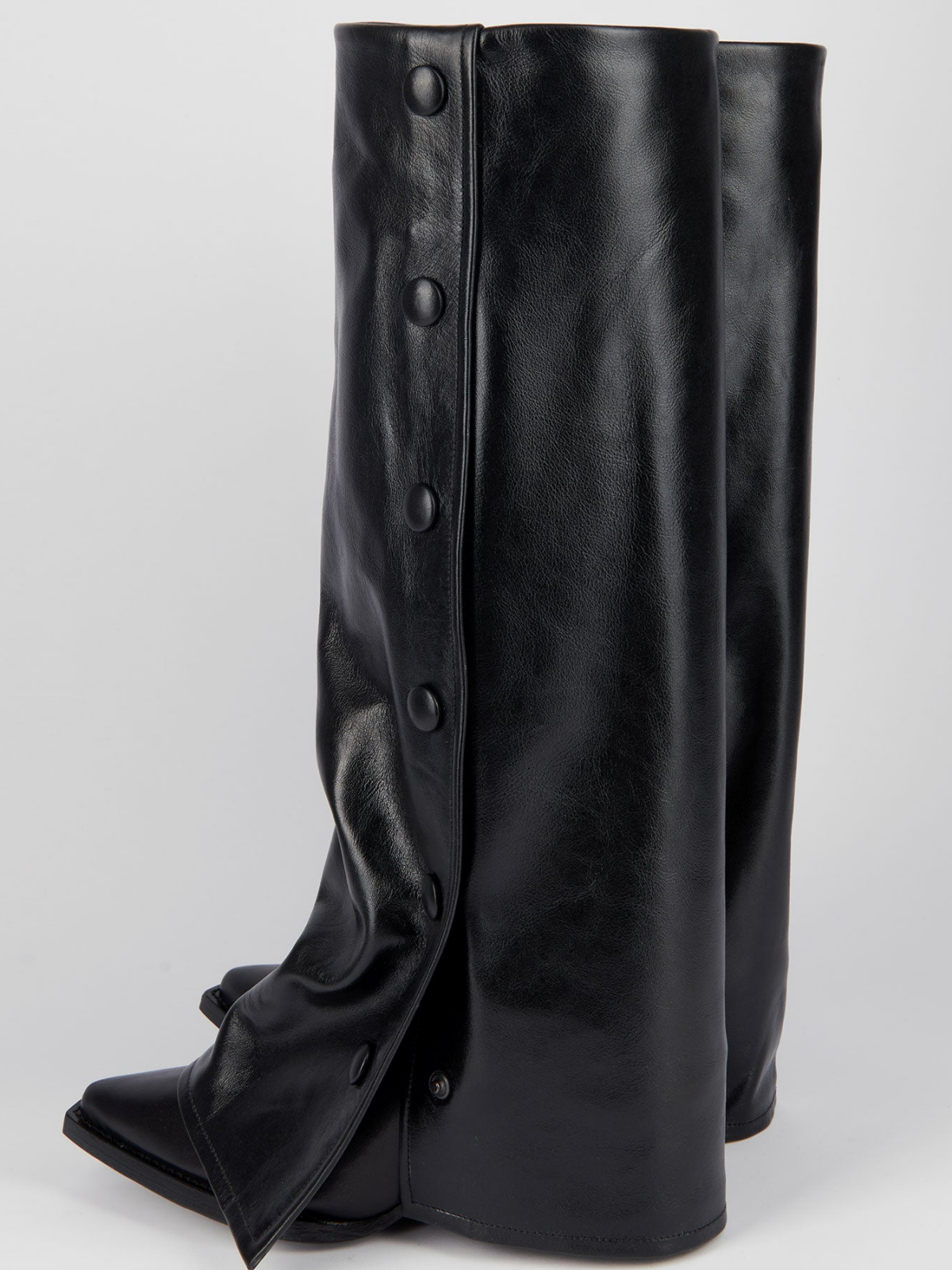 Black Snip-Toe Fold-Over Snapped Panel Tall Wide Calf Knee High Boots
