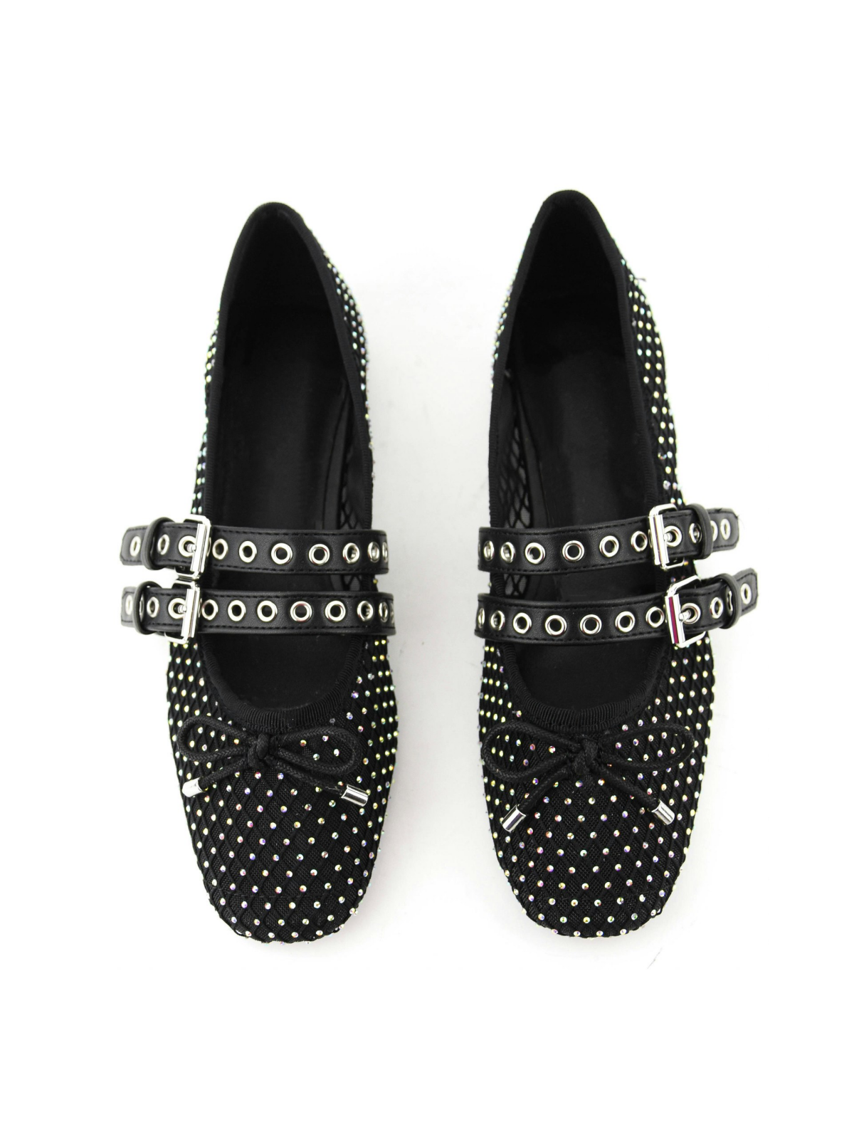 Black Fishnet Rhinestone Bow Ballet Flats Mary Janes With Grommet Eyelet Buckled Strap