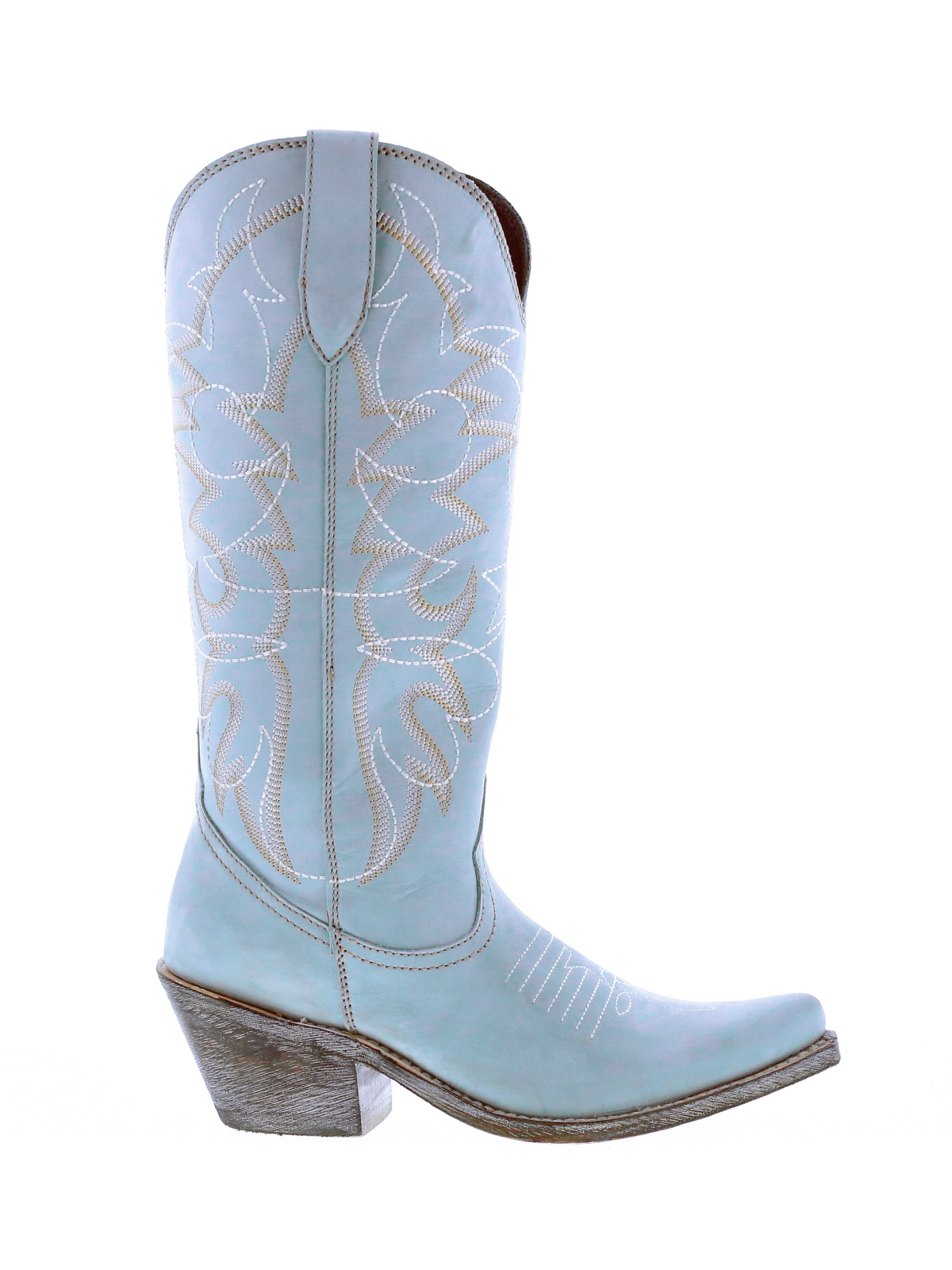Powder Blue Pointed-Toe Star Embroidery Wide Mid Calf Tall Western Boots