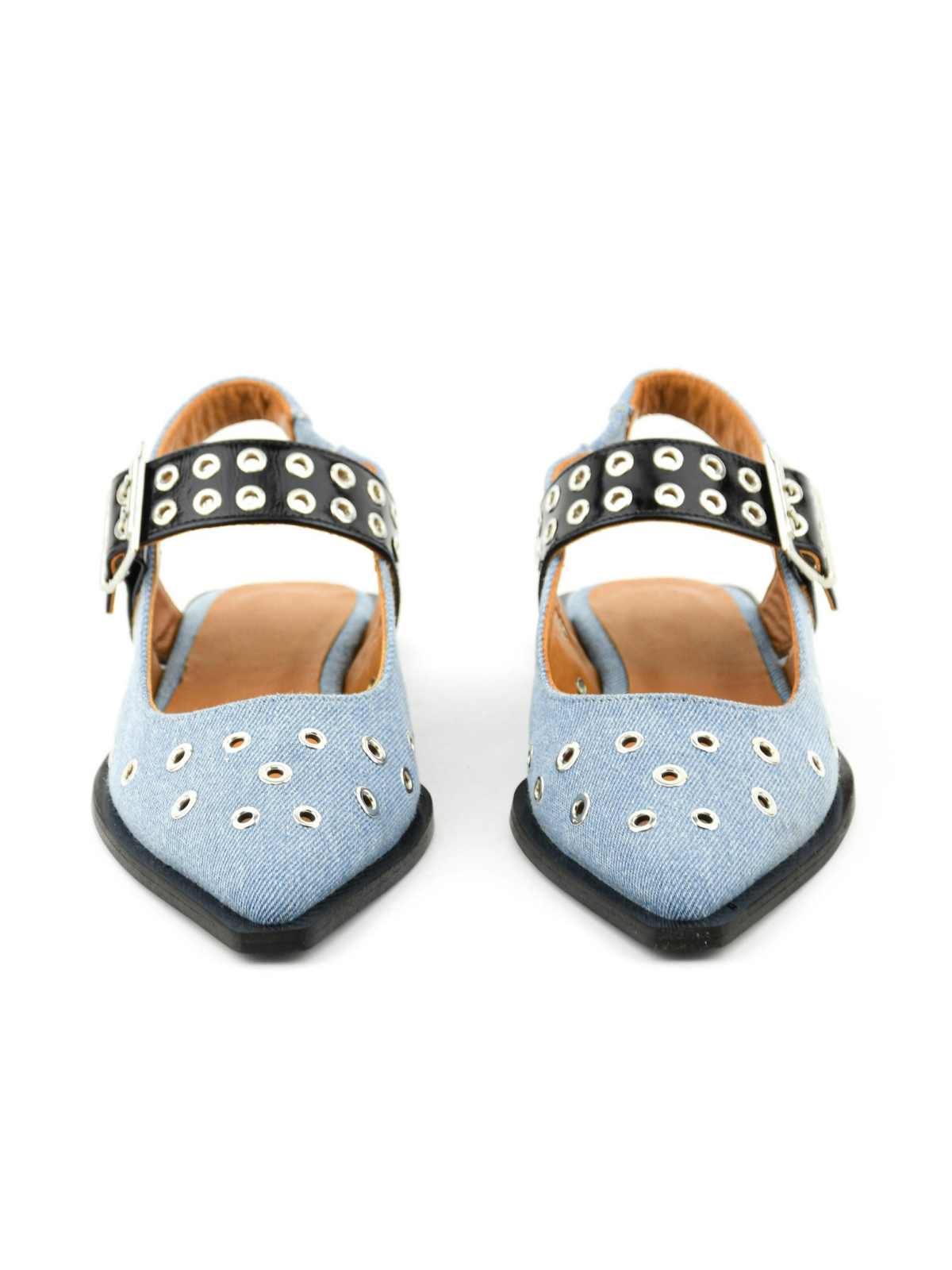 Denim Blue Grommet Eyelet Buckle Pointy Flats Mary Janes Slingbacks