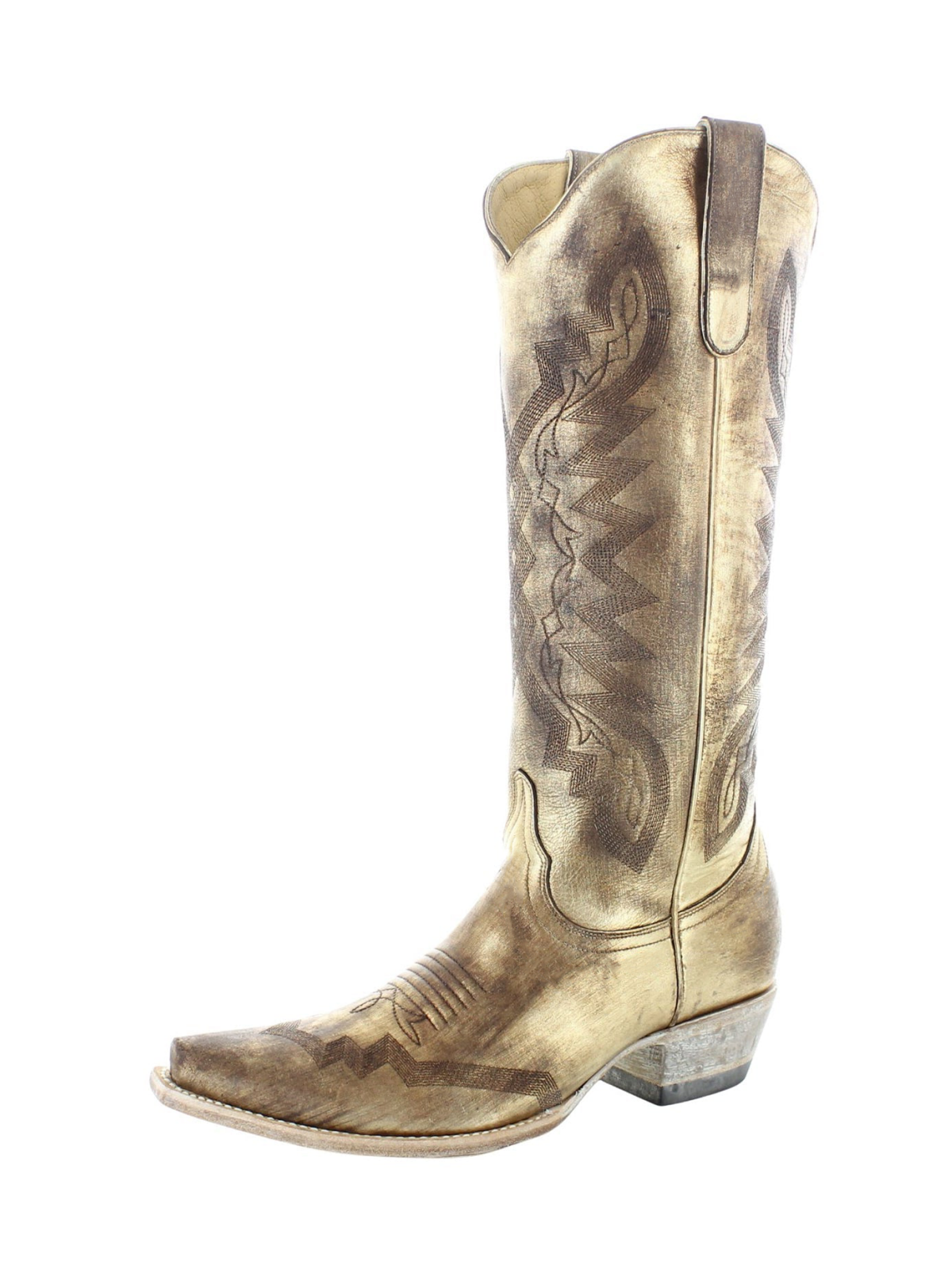 Metallic Gold Snip-Toe Embroidery Mid Calf Cowgirl Boots