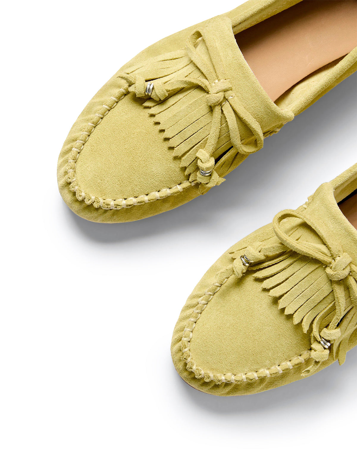 Yellow Cow Suede Round-Toe Front Fringe And Bow Loafers Flats