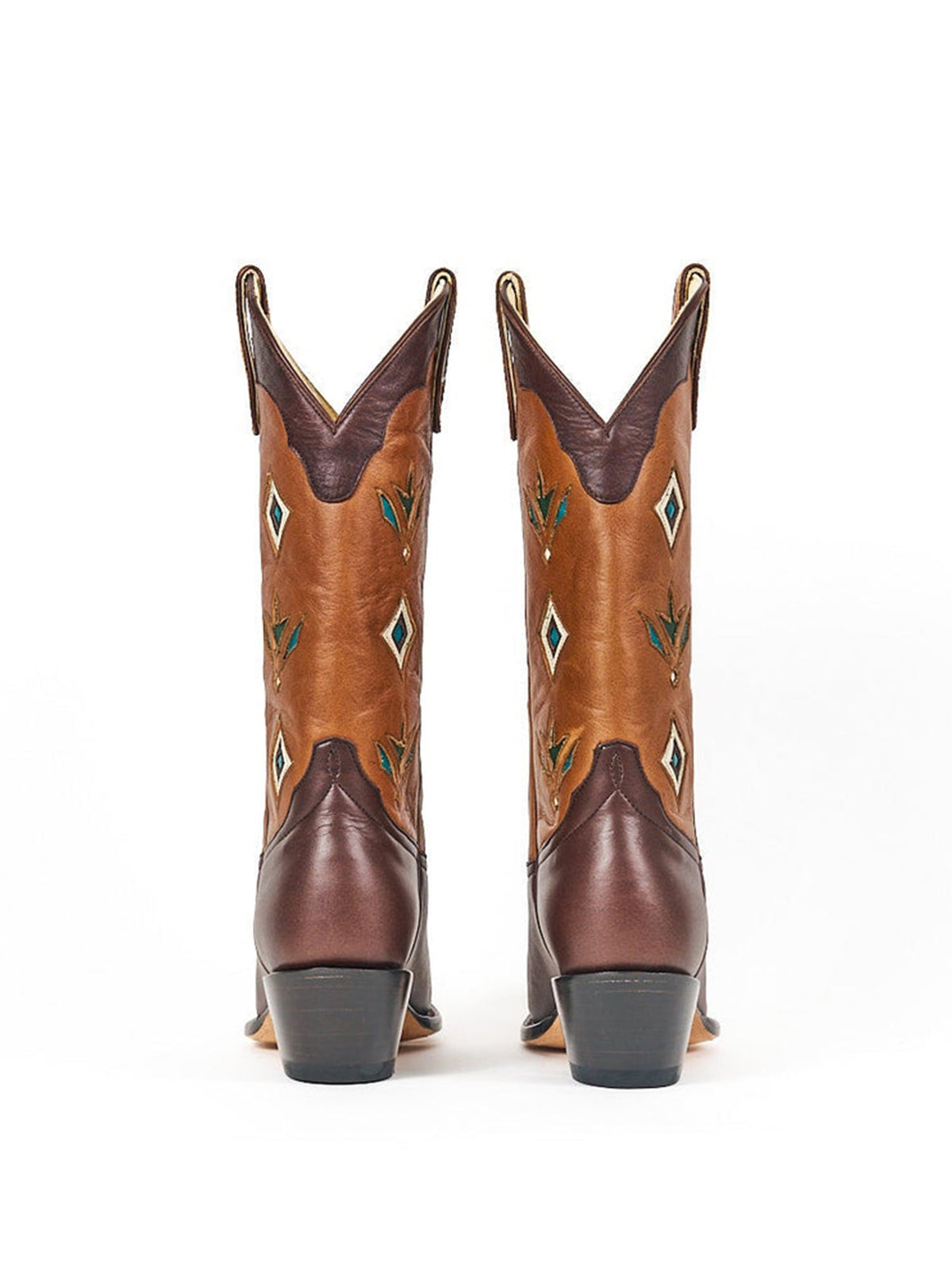 Contrast Brown And Chocolate Round-Toe Inlay Mid Calf Cowgirl Boots