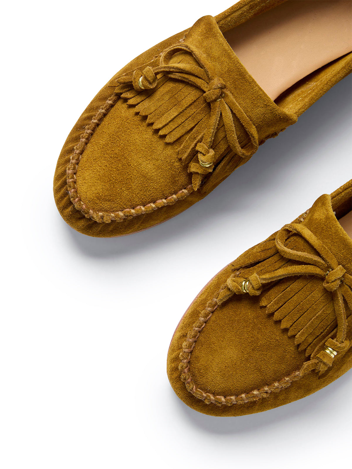 Caramel Cow Suede Round-Toe Front Bow And Fringe Flats