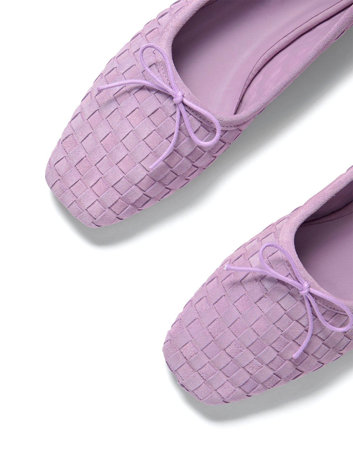 Lavender Woven Faux Suede Square-Toe Front Bow Ballet Flats