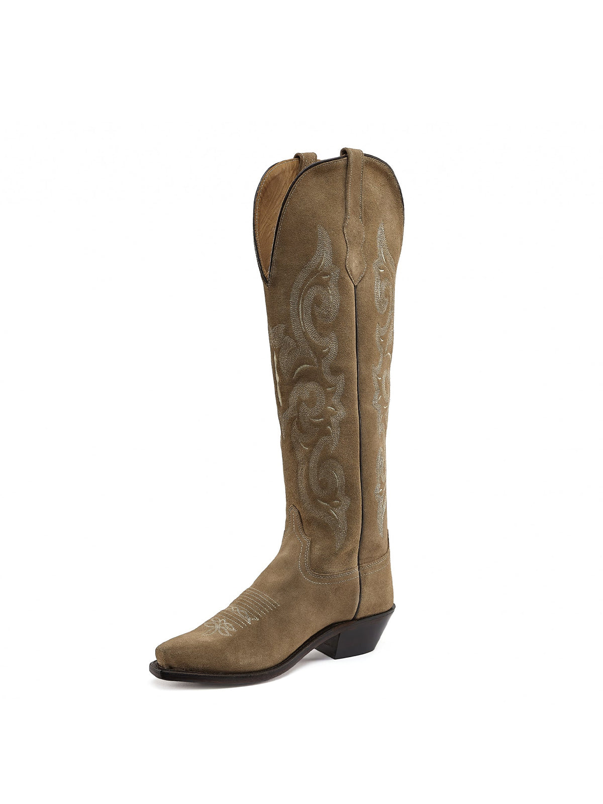 Cream Faux Suede Embroidery Tall Snip-Toe Knee High Cowgirl Boots