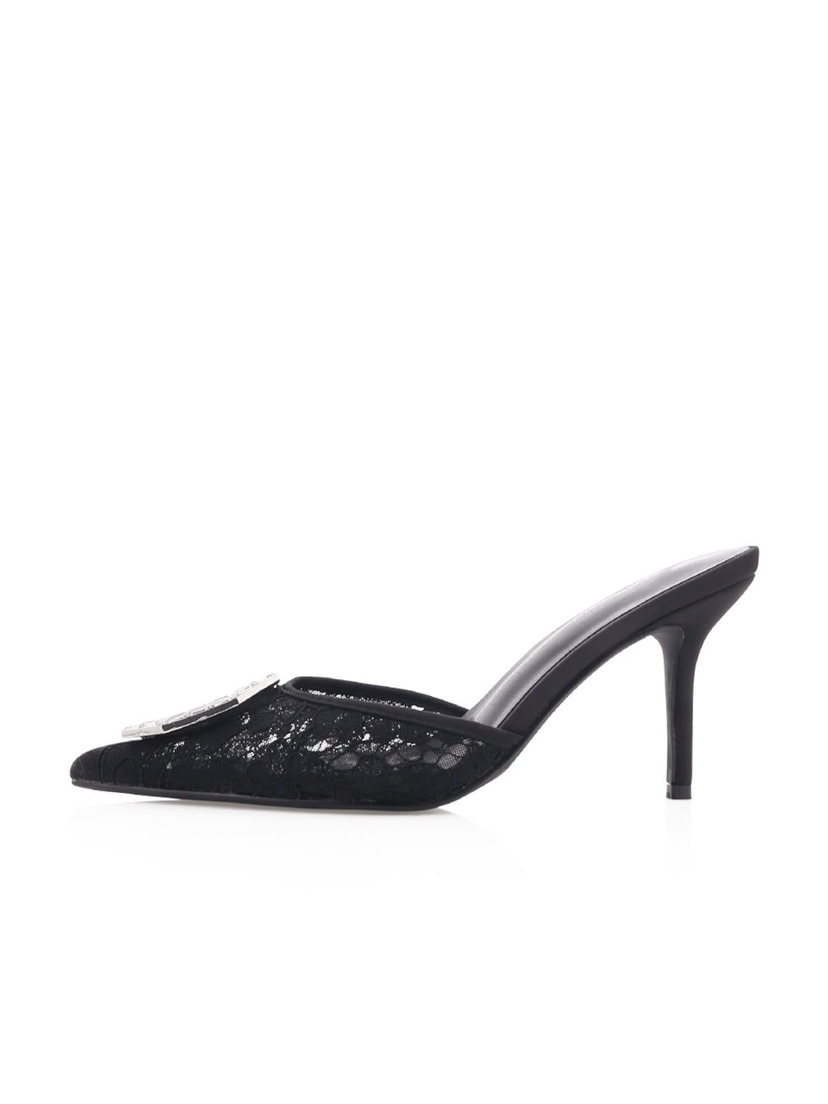 Black Lace Mesh Pointed-Toe Front Crystals High Heels