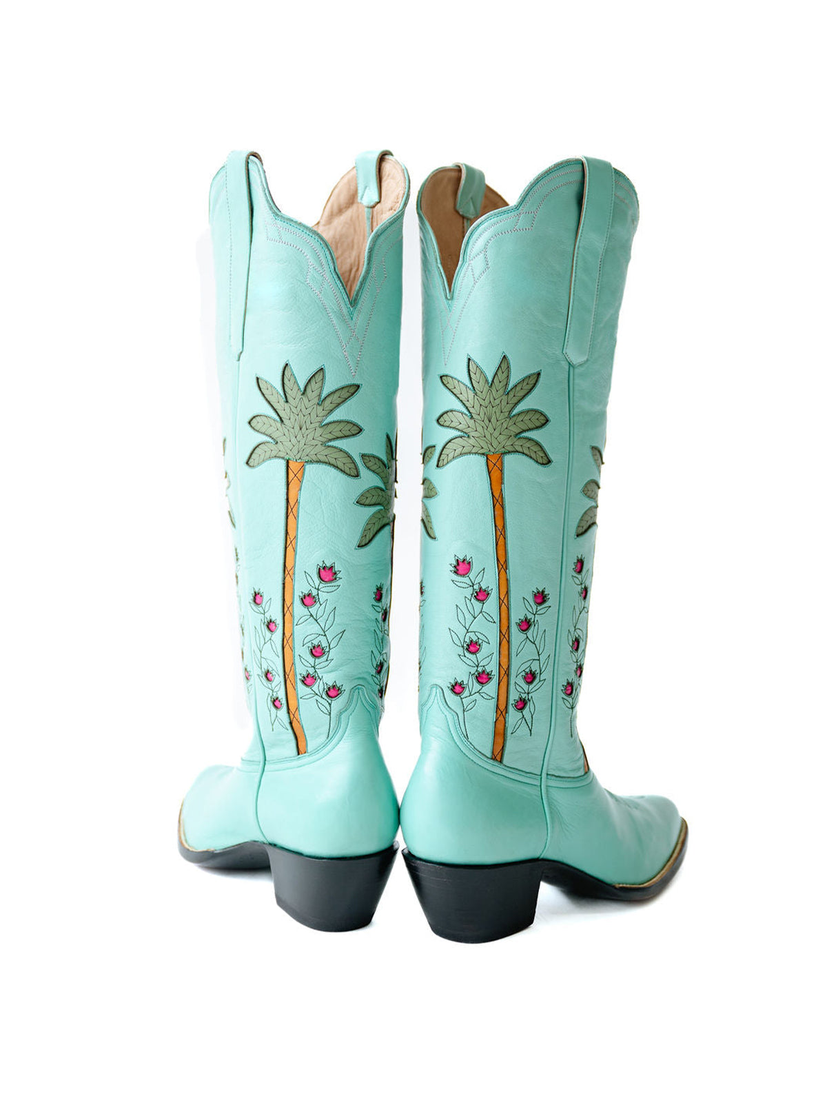 Light Green Almond-Toe Wide Calf Western Boots Knee High Tall Boots With Green Palm Inlay