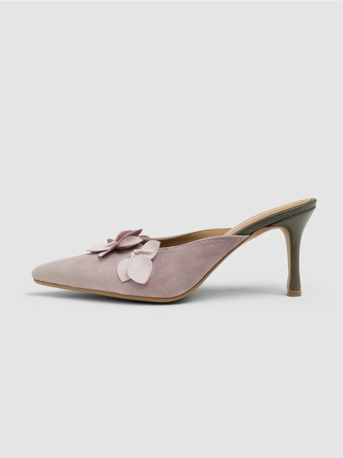 Mauve Pink Pointed-Toe Front Floral Detail Backless Chic High Heels