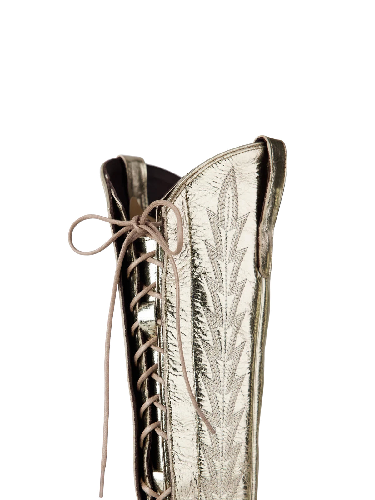 Snip-Toe Embroidery Half-Zip Back Lace-Up Knee High Cowgirl Boots - Metallic Champagne