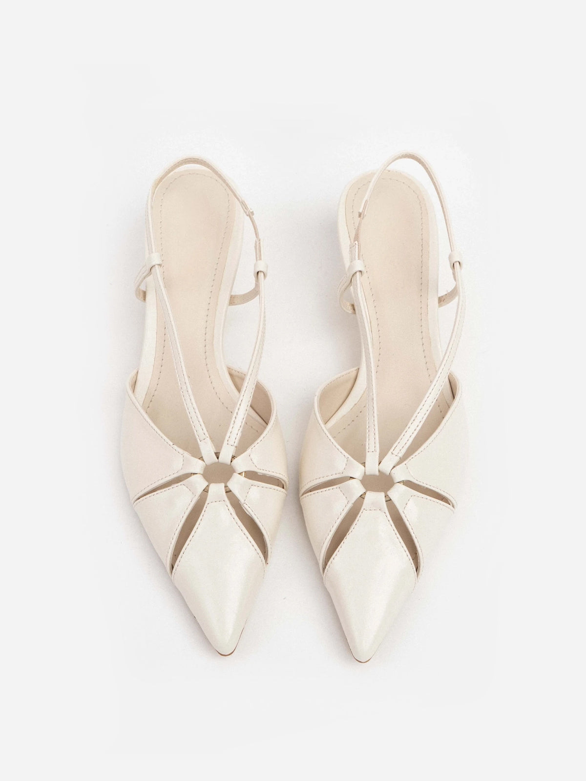 Beige Pointed-Toe Elastic Strap Slingback Kitten Heels