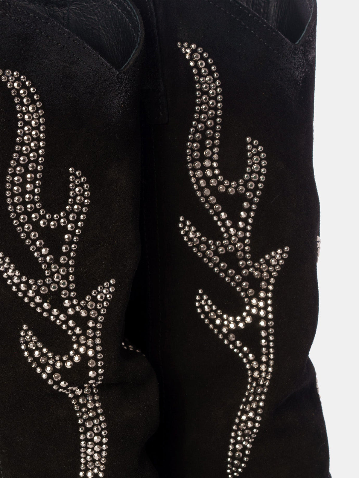 Black Faux Suede Snip-Toe Studded Fold-Over Mid Calf Cowgirl Boots