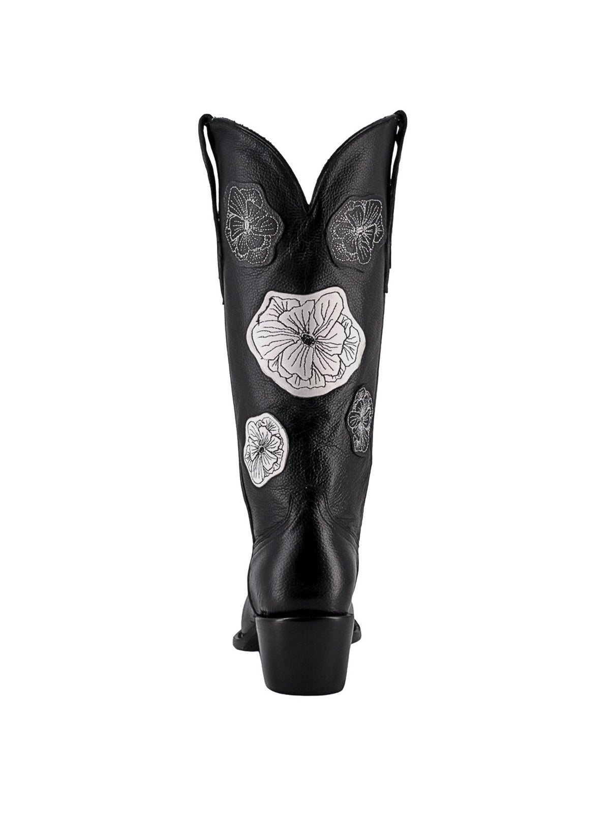 Black Snip-Toe Flowers Applique Chic Mid Calf Cowgirl Boots