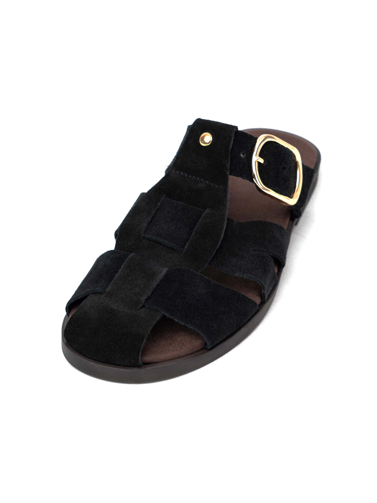Black Cow Suede Round-Toe Caged Detail Backless Flats