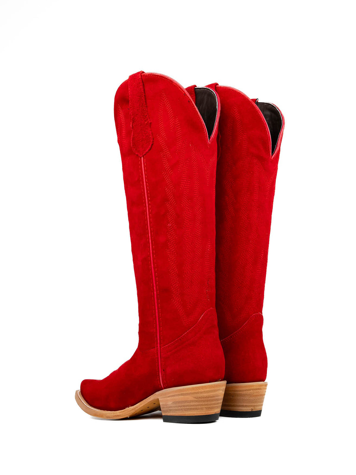 Red Faux Suede Snip-Toe Embroidery Half-Zip Classic Knee High Cowgirl Boots