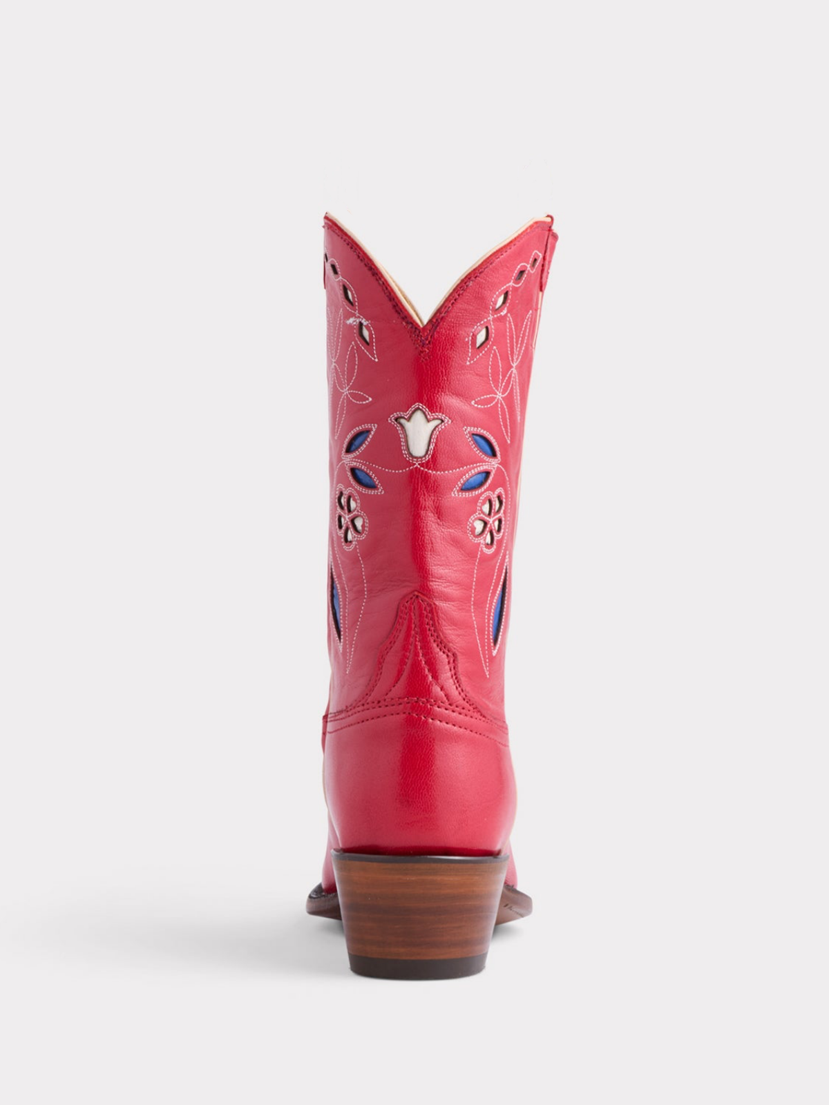 Cherry Red Pointed-Toe Embroidery Floral Inlay Mid Calf Cowgirl Boots