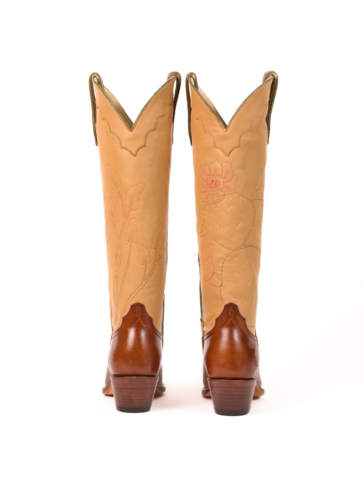 Contrast Tan And Brown Almond-Toe Cactus And Flower Inlay Applique Knee High Cowgirl Boots