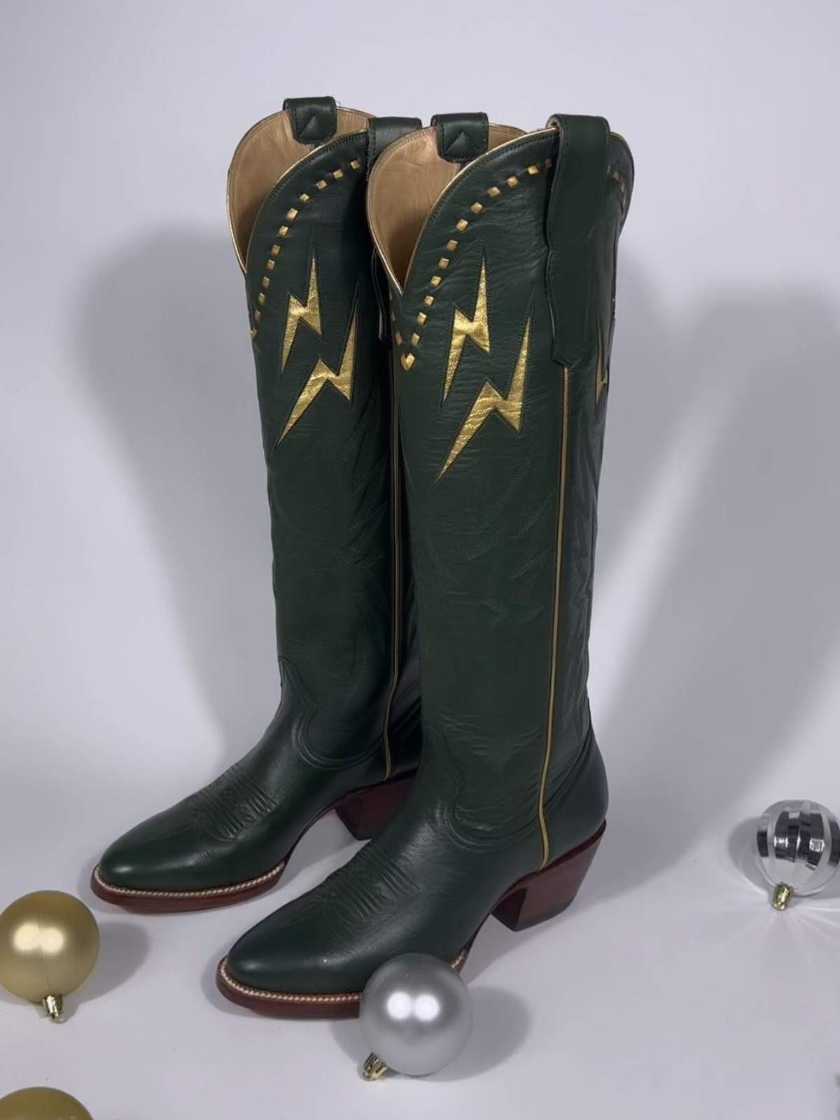 Metallic Gold Lightning Inlay Stitch Embroidery Knee High Tall Cowgirl Boots - Dark Green