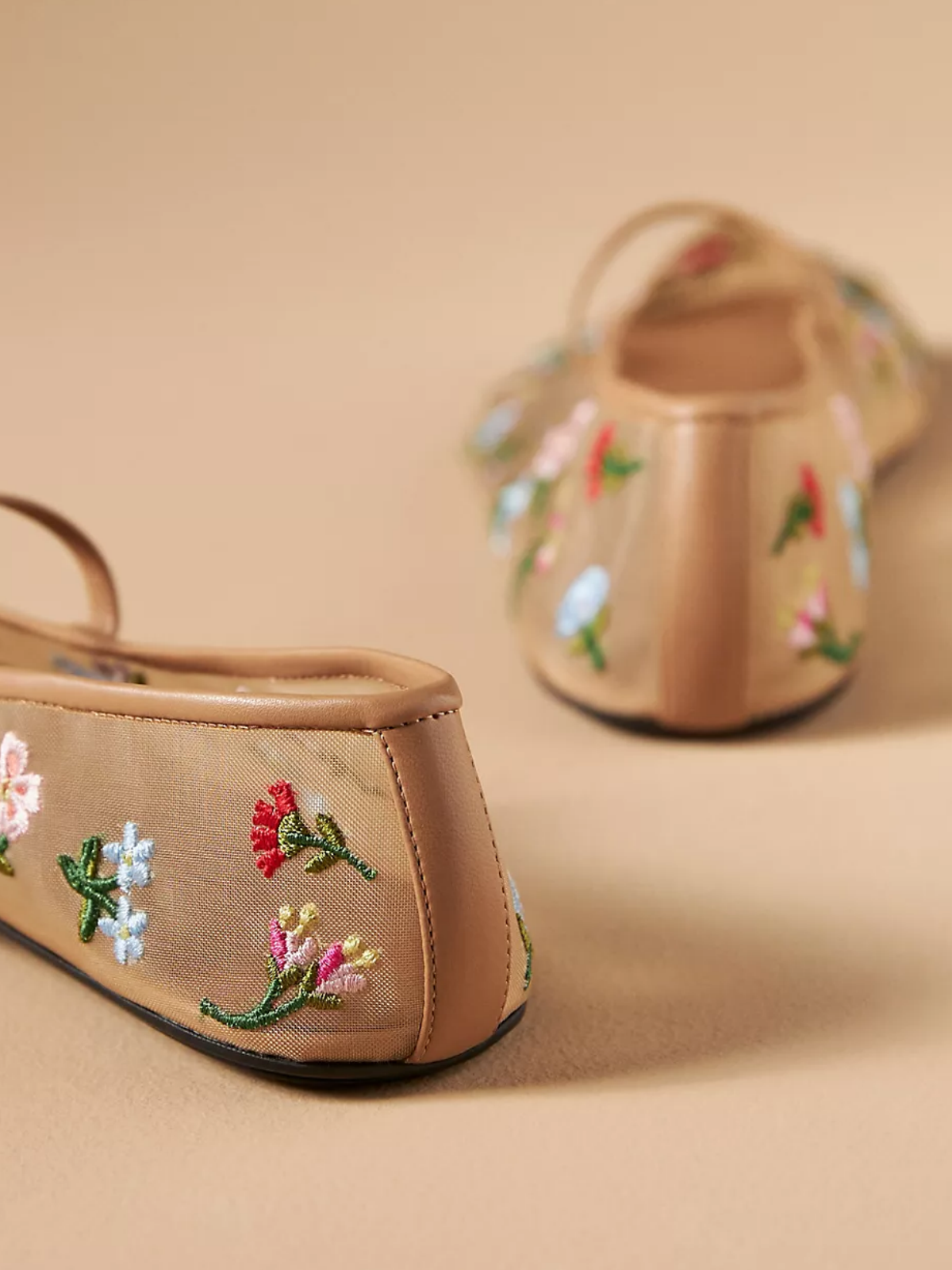 Beige Mesh Ballet Flats Mary Janes With Multi-Colored Floral Embroidery