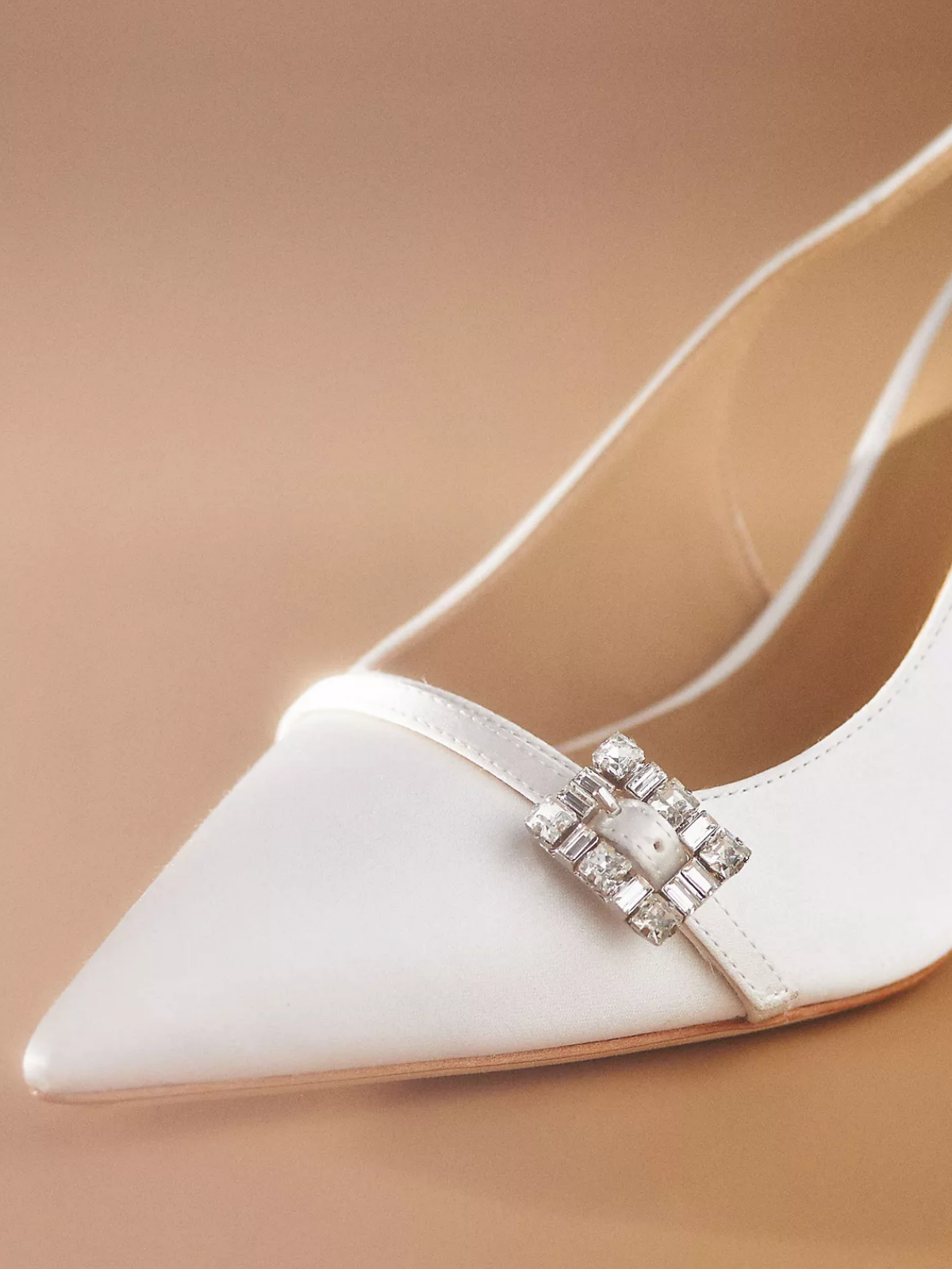 White Satin Pointed-Toe Slingback Pump High Heels With Little Jewelry