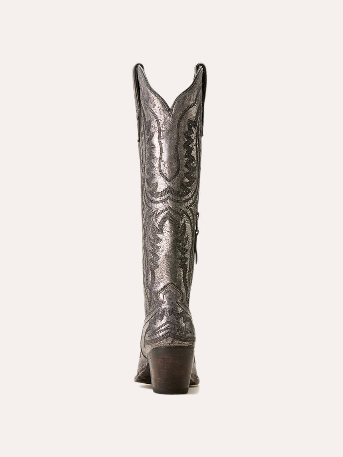 Western Embroidery Tall Snip-Toe Half-Zip Knee High Cowgirl Boots - Distressed Metallic Silver