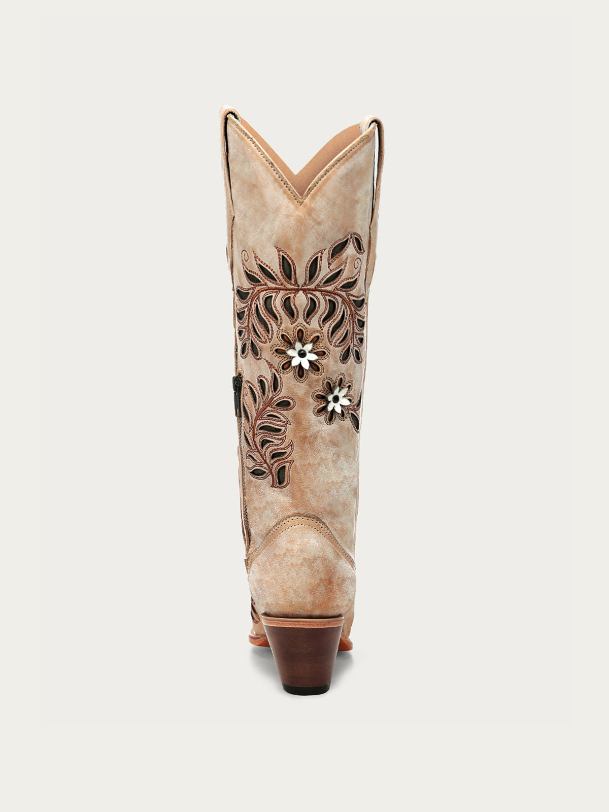 Tan Snip-Toe Leaves Flowers And Bird Inlay Half-Zip Knee High Cowgirl Boots