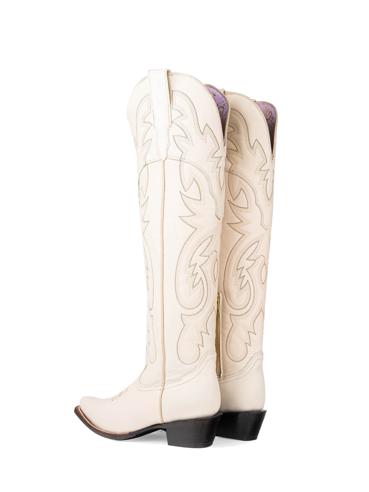 Bone Snip-Toe Half-Zip Embroidery Tall Over-The-Knee Cowgirl Boots