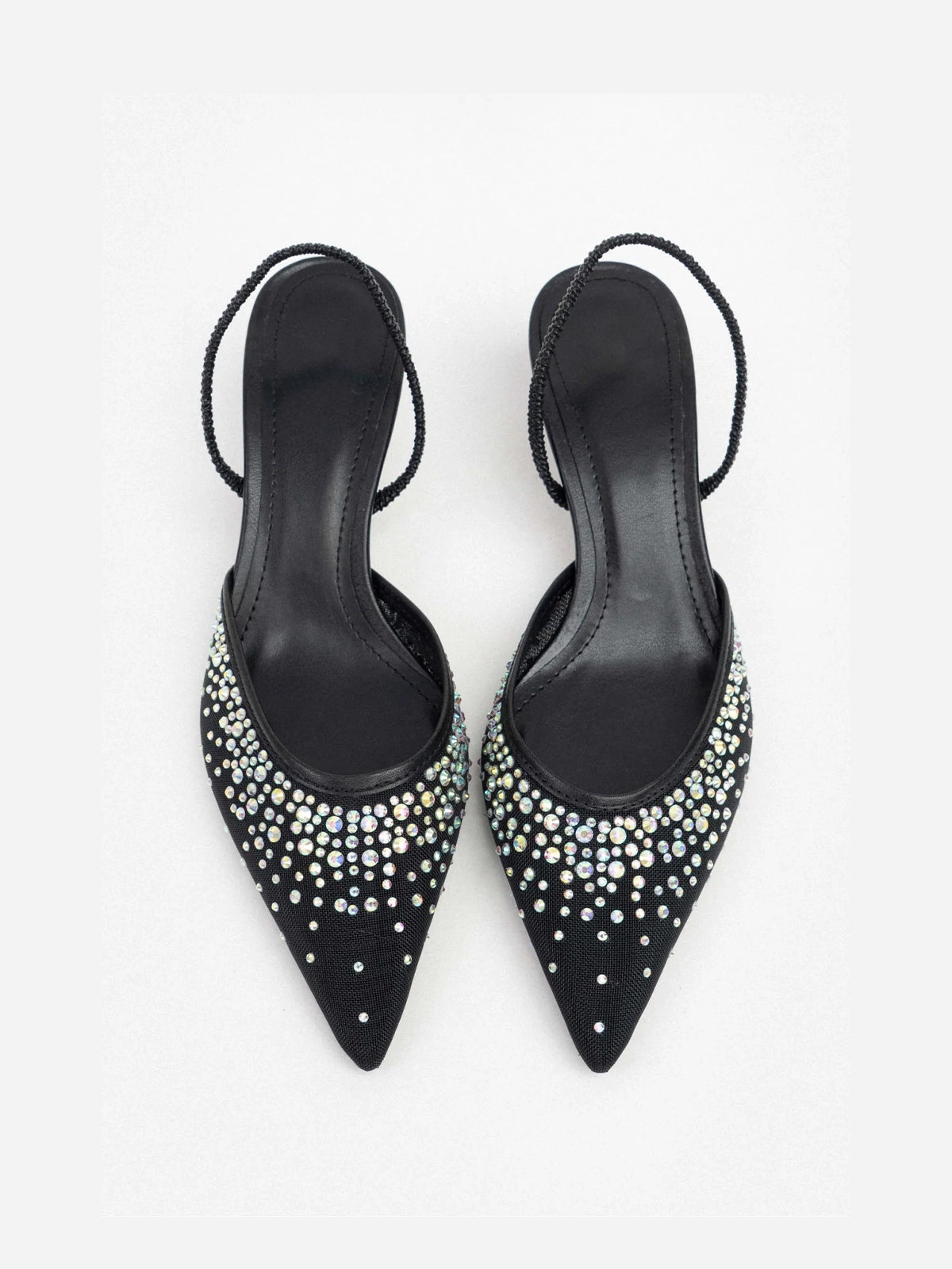 Black Rhinestone Mesh Pointed-Toe Slingback Kitten Heels