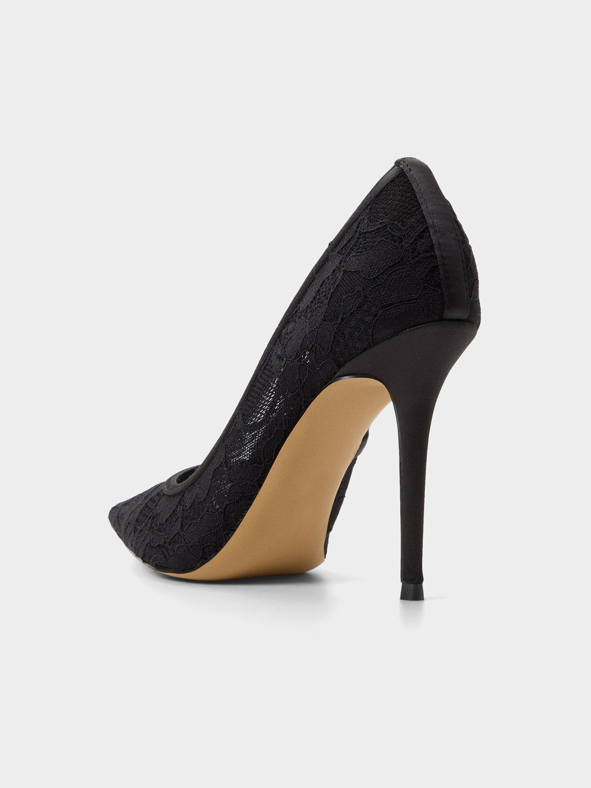 Black Lace Mesh And Satin Pointed-Toe Slip-On Pumps High Heels
