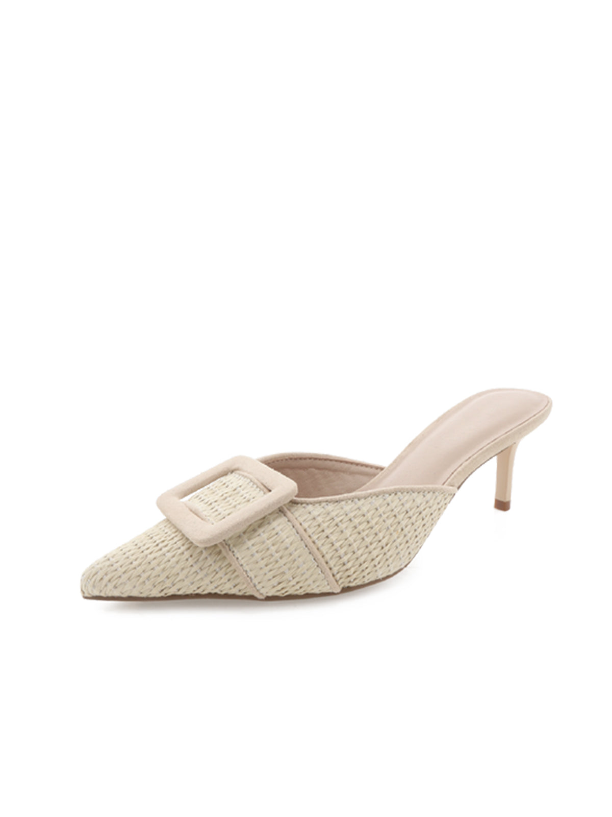 Beige Straw Plaited Pointed-Toe Simple Slip-On Kitten Heels