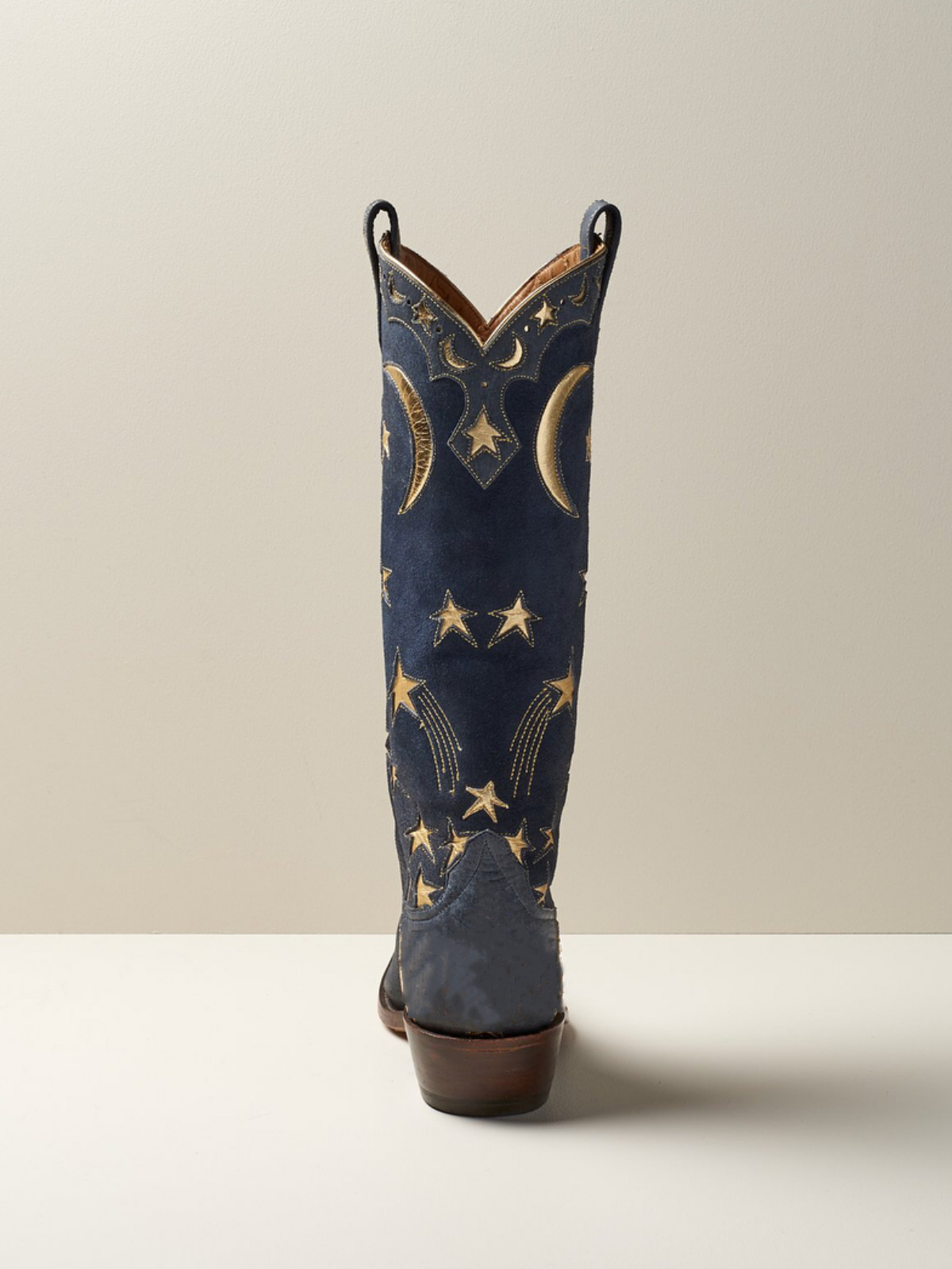Metallic Moon Star Inlay Applique Faux Suede Mid Calf Cowgirl Tall Boots - Blue / Gold