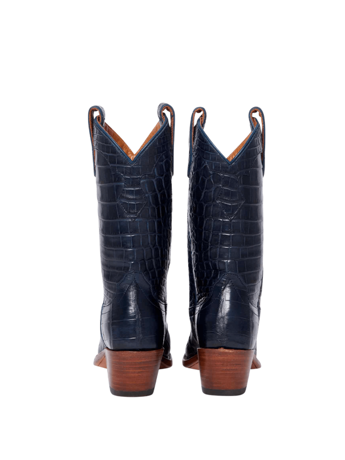Snip-Toe Mid Calf Cowgirl Boots - Navy Blue Crocodile-Embossed Vegan Leather