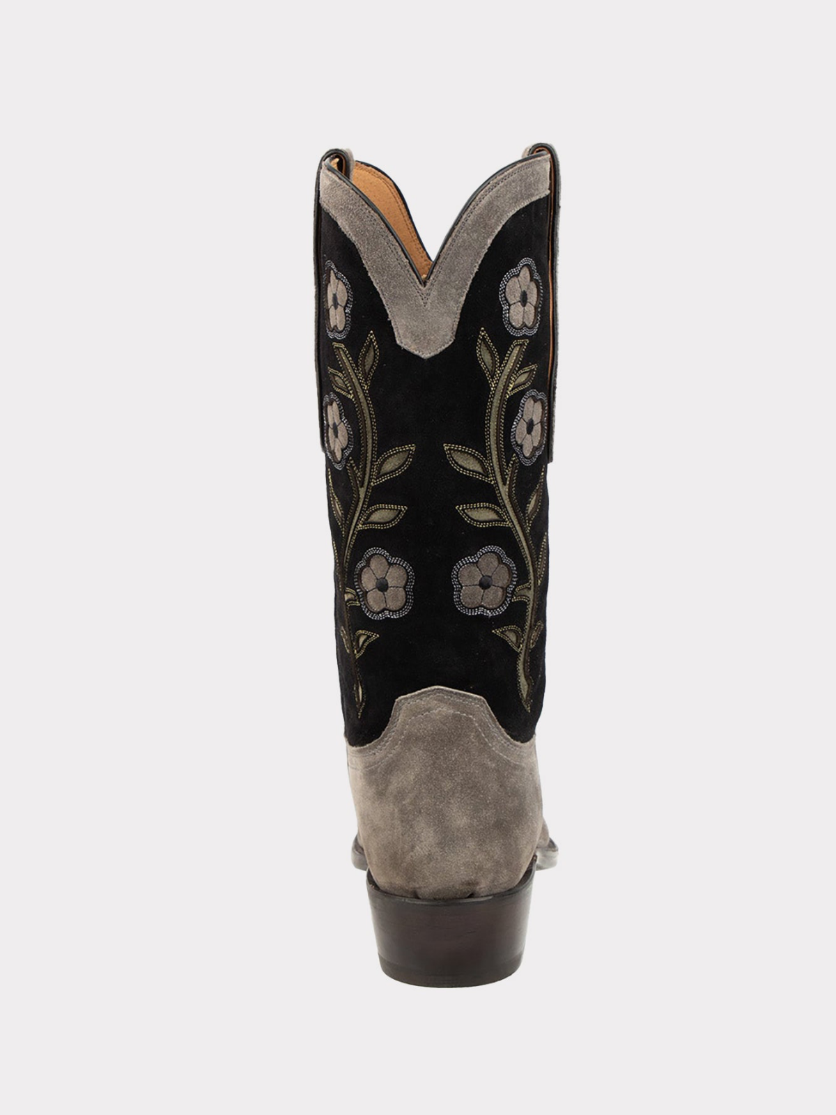 Floral Inlay Faux Suede Almond-Toe Wide Mid Calf Tall Cowgirl Boots - Contrast Black And Gray