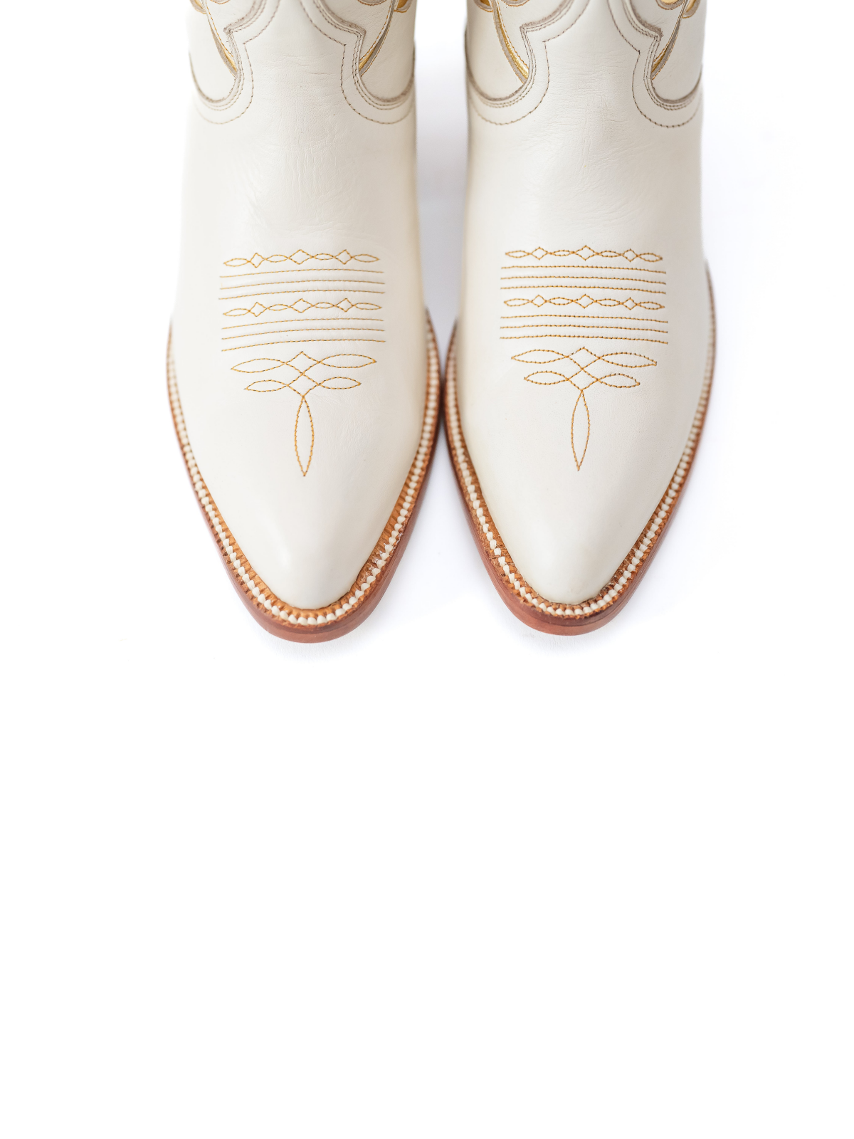 White Almond-Toe Metallic Gold Leaves Inlay Ankle Cowgirl Boots