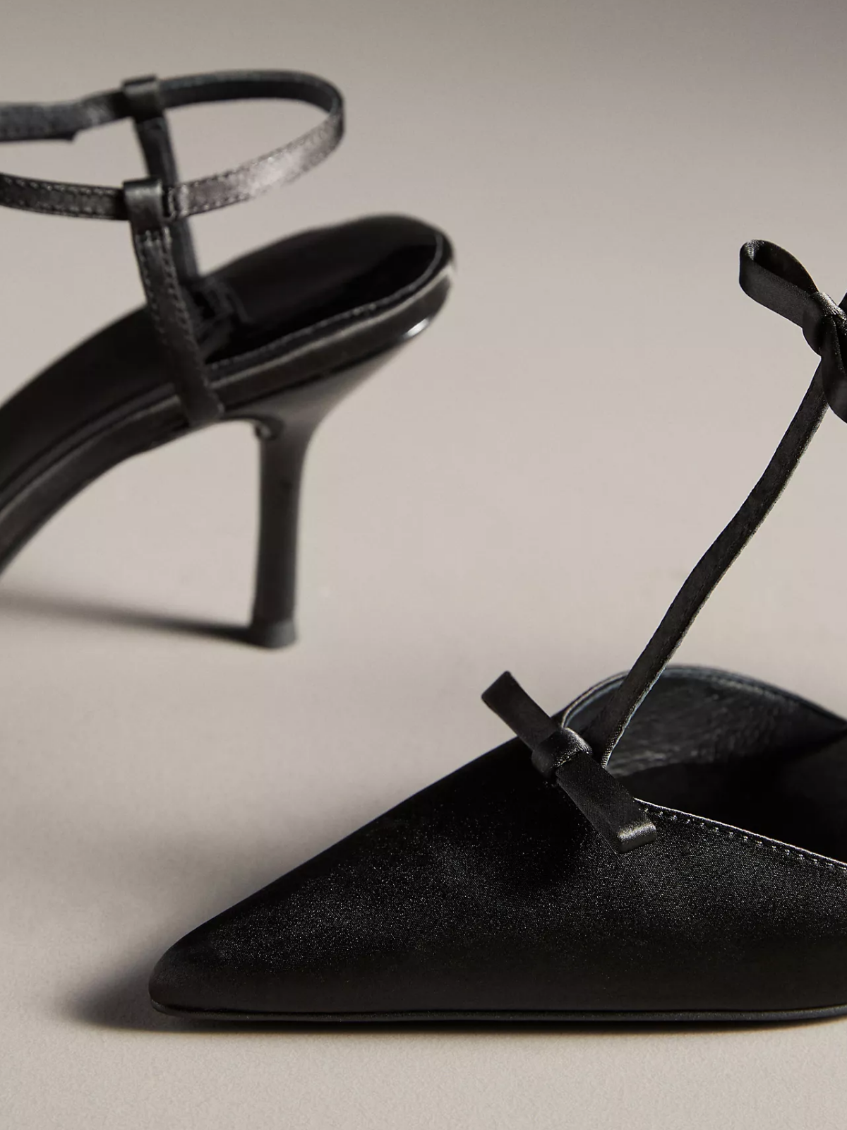 Black Satin Pointed-Toe Knot Ankle Strap Pump High Heels