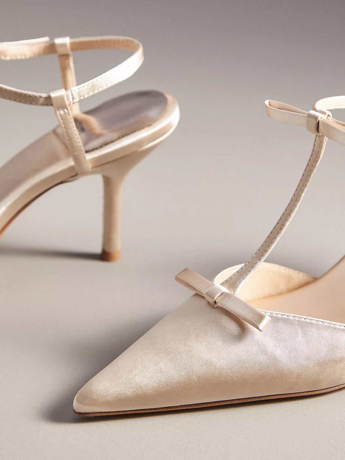 Ivory Satin Pointed-Toe Knot Ankle Strap Pump High Heels